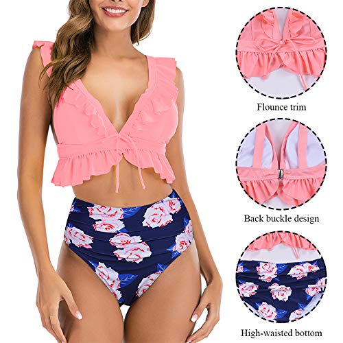 Conjunto de Bikini con Volantes Push up, 2 Piezas de Talle Alto, Cuello en V Profundo, Traje de baño de Playa Acolchado para Mujer (Rosado, L)