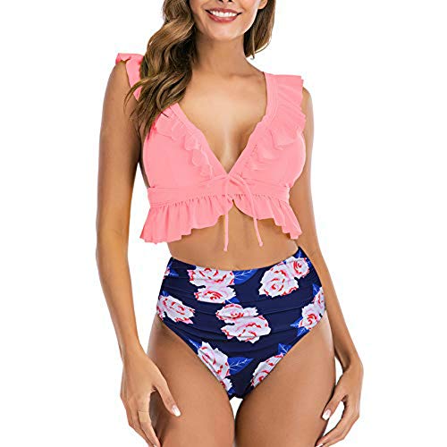 Conjunto de Bikini con Volantes Push up, 2 Piezas de Talle Alto, Cuello en V Profundo, Traje de baño de Playa Acolchado para Mujer (Rosado, L)