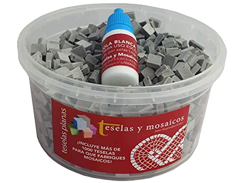 Cubo 1000 teselas grises para mosaico planas de 7,5x7,5x3 mm. + regalo cola blanca uso escolar