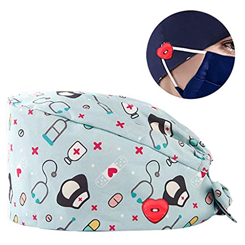 ddfb Mujeres Gorros Sombreros Gorro de Lactancia con botón Sombrero Turbantede Trabajo Impresión de Dibujos Animados Unisex Cap Mantener el Cabello Limpio Suave y Transpirable (A)