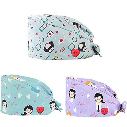 ddfb Mujeres Gorros Sombreros Gorro de Lactancia con botón Sombrero Turbantede Trabajo Impresión de Dibujos Animados Unisex Cap Mantener el Cabello Limpio Suave y Transpirable (A)