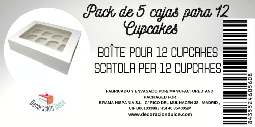 Decoraciondulce - 5 x Cajas Blanca para Transportar Cupcakes, Muffins,Magdalenas con (12 Cupcakes)