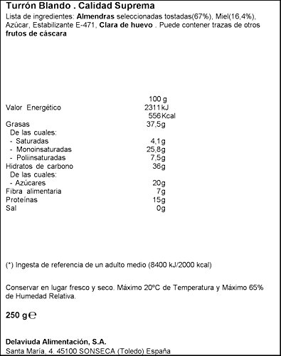 Delaviuda, Turrón Blando de Almendras, Turrón Sin Gluten, Turrón Tradicional con Miel y Almendras Seleccionadas, Receta Tradicional Desde 1800, 250 Gramos