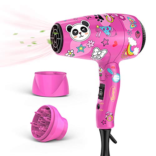 Deogra - Secador de pelo para niños, 1000 W, plegable, doble tensión, con difusor para rizos, portátil, color rosa