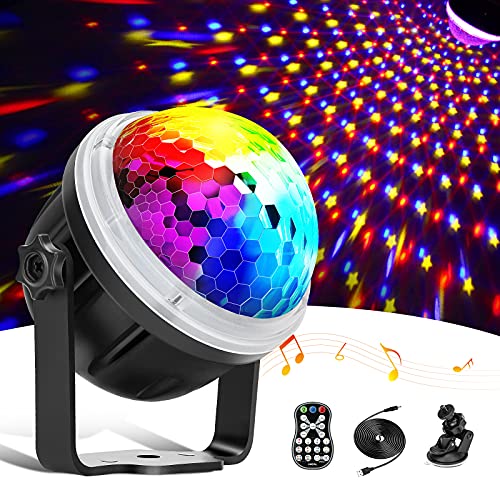 DeTake Luces Discoteca Bola de Discoteca Activadas por Música con 11 Colores RGBY, Patrón de Estrella, Control Remoto, Luz Discoteca USB Giratoria de 360° para Fiestas, Bar, Navidad, Cumpleaños, Boda