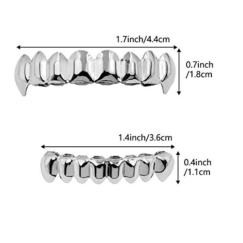 Diealles Shine Parrillas de Plata para los Dientes de la Cadera de Grills para la Parte Inferior Superior de la Boca, Parrillas Halloween Accesorios Colmillos para Cosplay de Vampiro