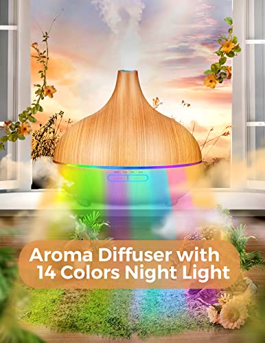 Difusor de aceites esenciales, difusor de aroma de 500 ml, con 6 aceites esenciales, humidificadores de niebla fría de 14 colores, silenciosos con temporizador y sin agua para el hogar, oficina, spa