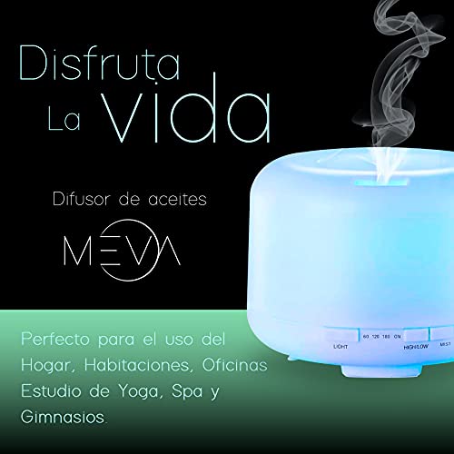 DIFUSOR de aceites Esenciales MEVA 300ML (Pack de 10, 2 o sin esencias de Regalo a Elegir) ULTRASONICO, 7 Colores LED, humificador Aceite Esencial aromaterapia (10 Esencias)