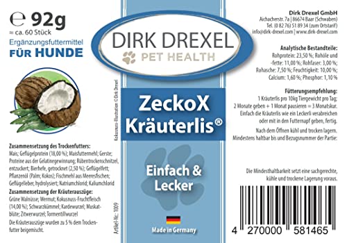 Dirk Drexel ZeckoX Herblis para perros | Perros Trata con extractos de hierbas | Dieta natural con comino negro, coco y cardo