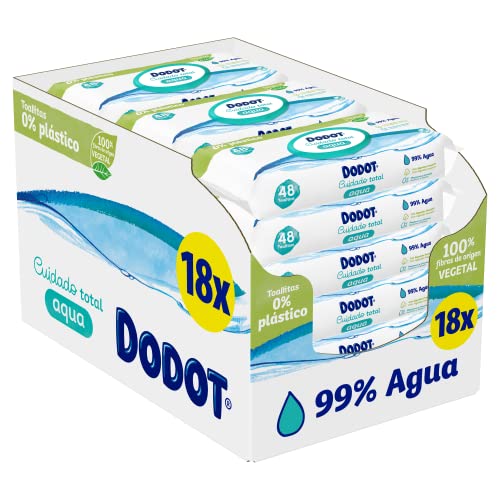 DODOT Toallitas Cuidado Total Aqua Para Bebé, 99% Agua, 100% Fibras De Origen Vegetal, Toallitas, 18 Paquetes (18 X 48), Blanco, 864 Unidad