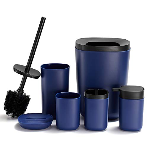 DUFU Juego Accesorios Baño Completo Set de Baño Accesorios Azul 6 Piezas con Soporte para Cepillo de Dientes, Taza de Dientes, Jabonera, Botellas de Loción, Escobilla de Baño, Cubo de Basura