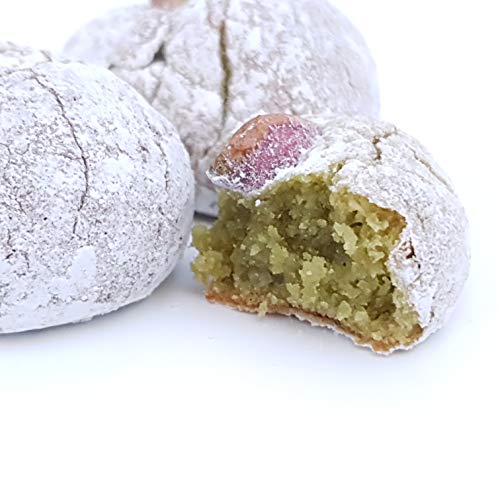 Dulces de almendras sicilanas con pistacho triturado por encima, en un bonito estuche regalo (gr.400). RAREZZE: productos típicos, pasta de almendra, cassate, de pastelería artesanal siciliano