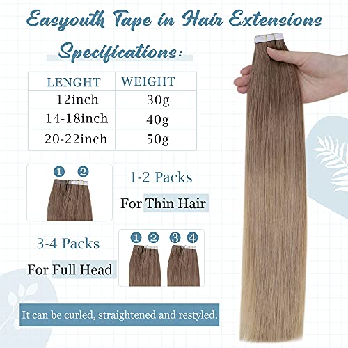 Easyouth Extensiones De Pelo Natural Adhesivas Color Castaño Dorado Mix Rubio Dorado Oscuro 20 Pulgada 50g Invisible Tape on Extensons Adhesive