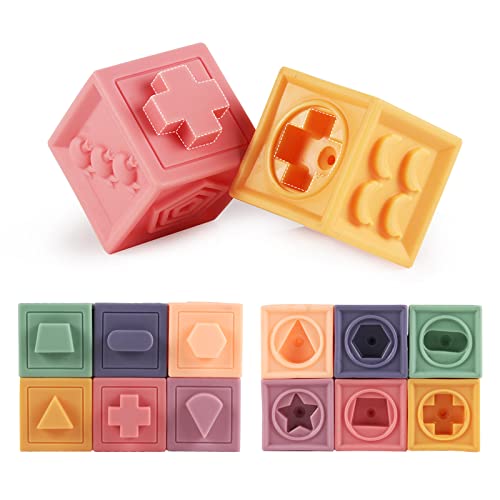 Eendoos 12pcs Mini Bloques de Bebé,Juguetes de Bebé,Bloques de Construcción Suave, Mordedores Juguete, Juguetes de Baño para Bebés Exprimir Educativo con Números Animales Formas(6-36 Meses)