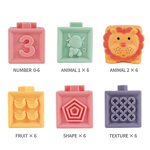 Eendoos 12pcs Mini Bloques de Bebé,Juguetes de Bebé,Bloques de Construcción Suave, Mordedores Juguete, Juguetes de Baño para Bebés Exprimir Educativo con Números Animales Formas(6-36 Meses)