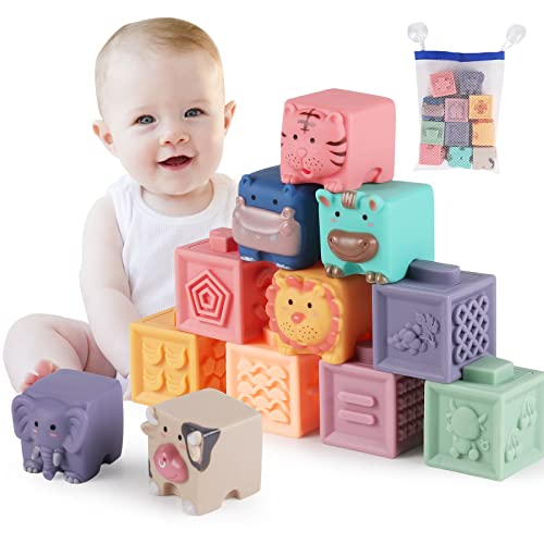 Eendoos 12pcs Mini Bloques de Bebé,Juguetes de Bebé,Bloques de Construcción Suave, Mordedores Juguete, Juguetes de Baño para Bebés Exprimir Educativo con Números Animales Formas(6-36 Meses)