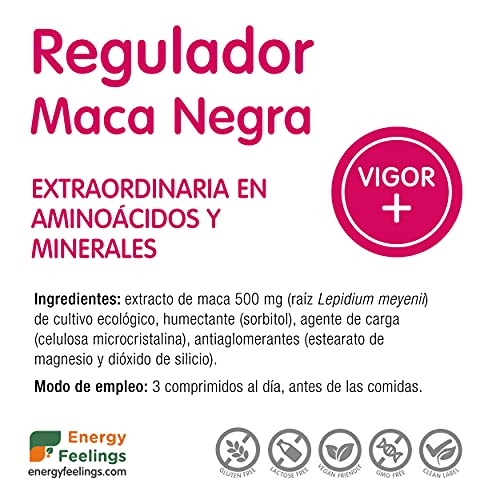 Energy Feelings Comprimidos De Maca Negra Andina Ecológica | Recuperador Muscular Vigorizante Energizante Regulador Hormonal | Maca Negra Biodisponible | 120 Comprimidos De 500mg, color Marron Claro