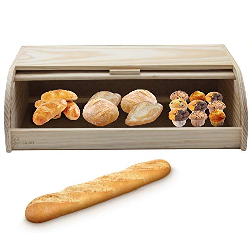 e!Orion Panera de Madera Natural con Tapa Enrollable, Panera o Recipiente de Comida Seca para Almacenamiento de Cocina (48 x 25 x 15 cm)