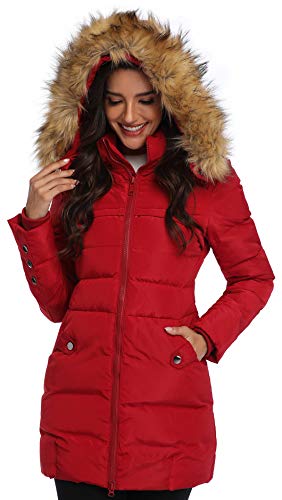 Epsion Parka de plumón largo con capucha para mujer - Rojo - Large