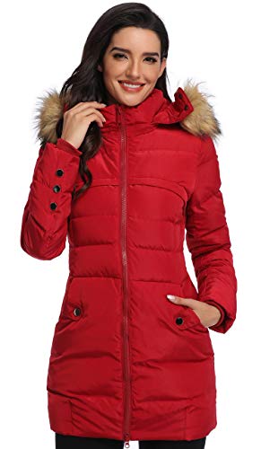 Epsion Parka de plumón largo con capucha para mujer - Rojo - Large