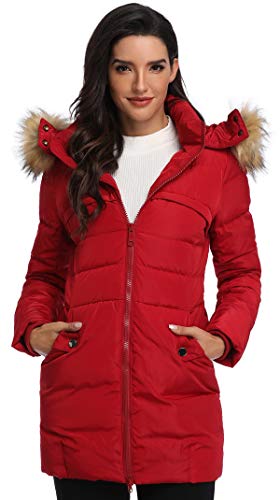 Epsion Parka de plumón largo con capucha para mujer - Rojo - Large