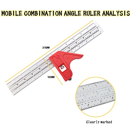 Escuadra para Carpintería, Hillylolly Regla Combinada Escuadra, Escuadra Combinada Ajustable, Regla Ajustable, 12 Pulgadas, para Madera Bricolaje Carpintería, Precisa y de Fácil Manejo, Alu y ABS