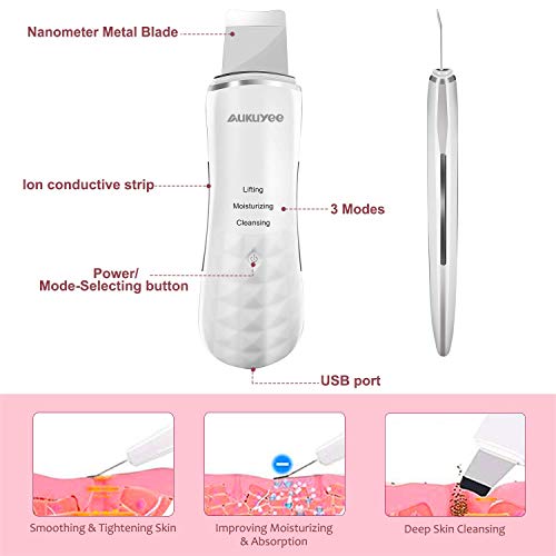 Espatula Ultrasonic Dispositivo, AUKUYEE Ultrasónico de Limpieza de la piel Facial,Depurador de piel facial portátil para Peeling facial poros Limpiador de la piel Dispositivo de belleza para el hogar