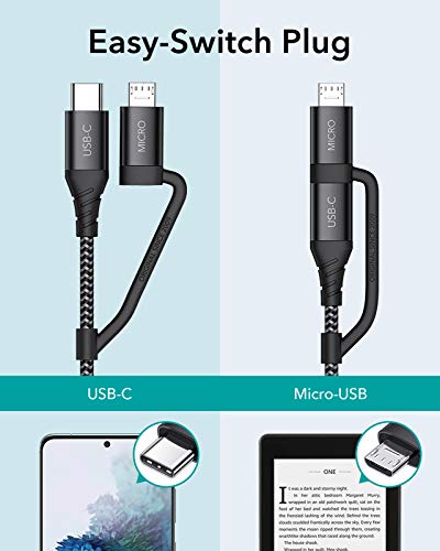 ESR 2 en 1 Multi Cable de Carga, 1 M Cable USB TipoC + Micro USB de Nylon Trenzado para Carga Rápida para Galaxy S21/S21 Ultra/S20/S10/S9/Note 20, iPad Air 4/iPad Pro, MacBook, Huawei P30/P20, Negro