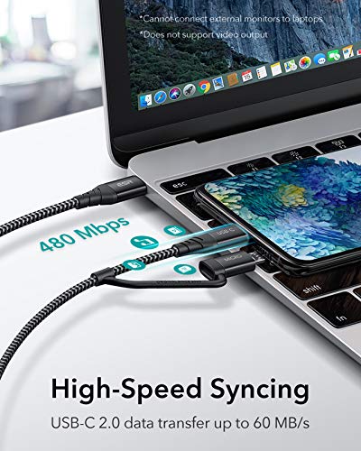 ESR 2 en 1 Multi Cable de Carga, 1 M Cable USB TipoC + Micro USB de Nylon Trenzado para Carga Rápida para Galaxy S21/S21 Ultra/S20/S10/S9/Note 20, iPad Air 4/iPad Pro, MacBook, Huawei P30/P20, Negro