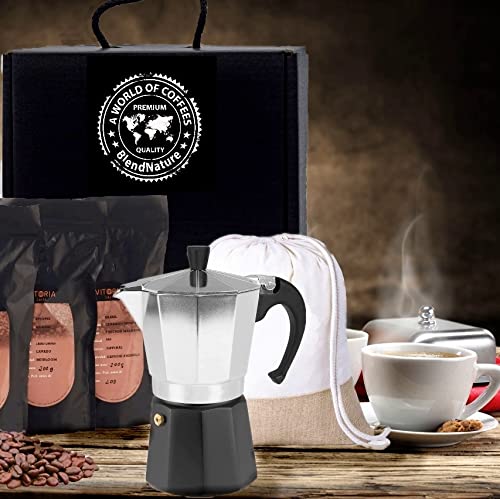 Estuche Gran Selección Mejores Cafes del Mundo – 4 x 200g Granos 100% Natural +Incluye Cafetera italiana de aluminio de 2 tazas + Mochila línea Yute Nature + Ideal para Regalarte y regalar