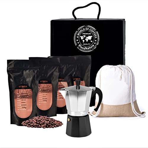 Estuche Gran Selección Mejores Cafes del Mundo – 4 x 200g Granos 100% Natural +Incluye Cafetera italiana de aluminio de 2 tazas + Mochila línea Yute Nature + Ideal para Regalarte y regalar