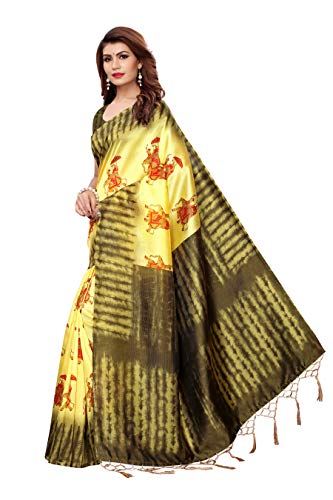 ETHNICMODE Indian Women's Art Silk Fabrics Multi-Colored Printed Sari with Blouse Piece (Fabric) NAGMAA HATHI Lemon