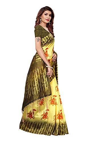 ETHNICMODE Indian Women's Art Silk Fabrics Multi-Colored Printed Sari with Blouse Piece (Fabric) NAGMAA HATHI Lemon