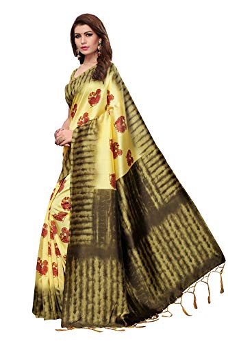 ETHNICMODE Indian Women's Art Silk Kalamkari and Bhagalpuri Style Sari with Blouse Piece NAGMAA Lemon