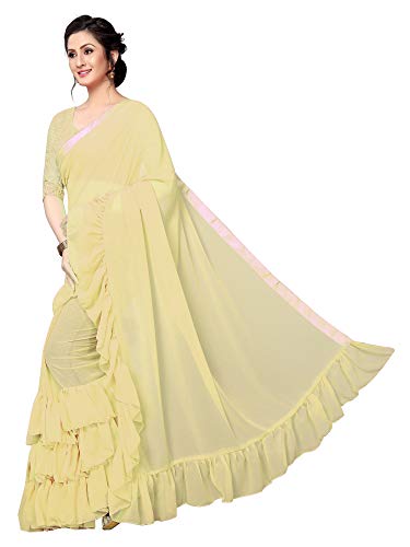 ETHNICMODE Indian Women's Georgette with Ruffle Border Style Sari with Blouse Piece Triple Ruffle Lemon