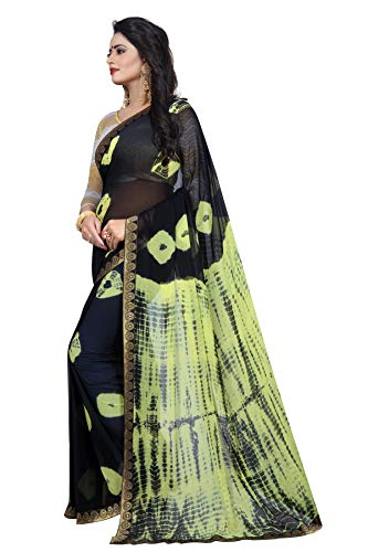 ETHNICMODE Indian Women's Shiffon Bandhani and lehariya Style Sari with Blouse Piece Jaquard Lemon