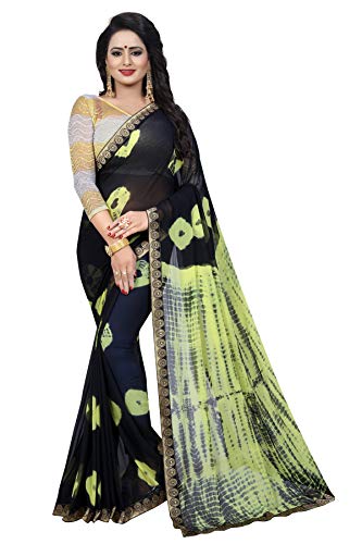 ETHNICMODE Indian Women's Shiffon Bandhani and lehariya Style Sari with Blouse Piece Jaquard Lemon