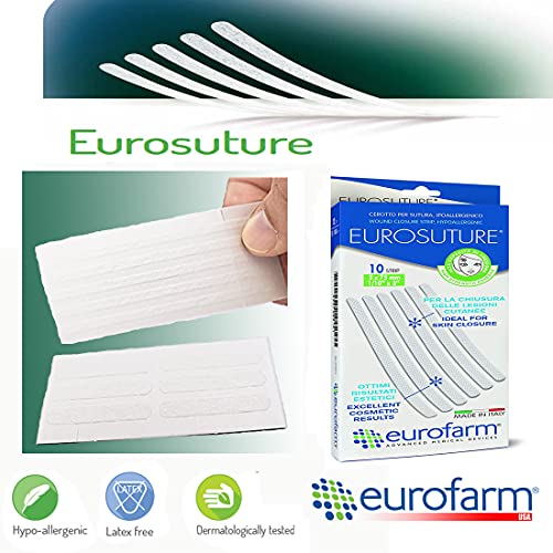 Eurosuture (mm 3 x mm 75) Tiras Estériles Para Sutura Cutánea, Adhesivo Hipoalergénico, Efecto Descolorado para un Mejor Resultado Cosmético.10 Unidades