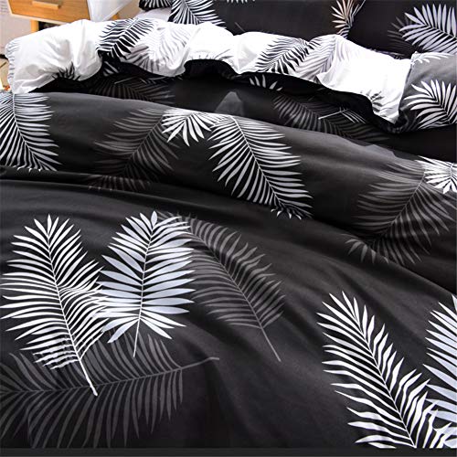 Fansu Juego de Ropa de Cama 4 Piezas, Microfibra Funda de Edredón Sábana Funda de Almohada Cremallera Diseño Funda de Almohada Conjunto De Edredón Hoja Plana (150x200cm,Hoja Blanca Negra)