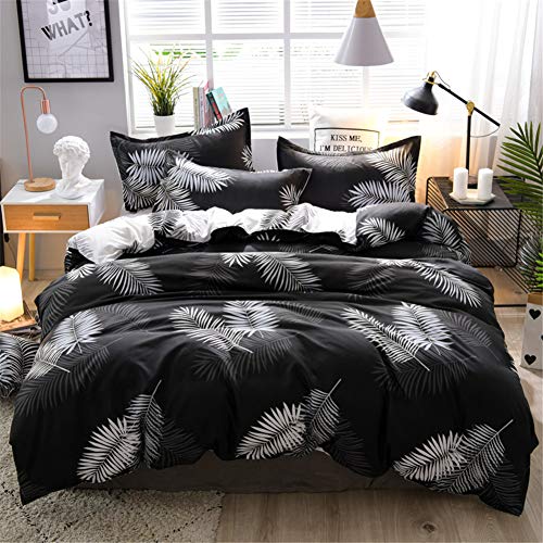 Fansu Juego de Ropa de Cama 4 Piezas, Microfibra Funda de Edredón Sábana Funda de Almohada Cremallera Diseño Funda de Almohada Conjunto De Edredón Hoja Plana (150x200cm,Hoja Blanca Negra)