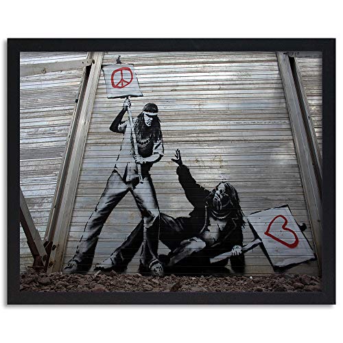 Feeby Cuadro con Marco XXL Peace Vs Love Manifestantes 120x80 cm Arte Moderno Arte callejero Banksy Mural Grafiti Gris