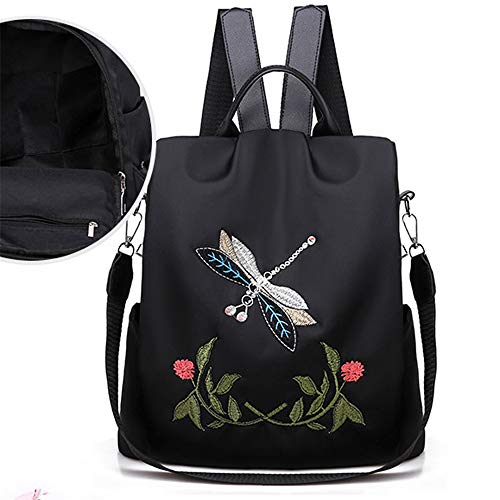 fhdc Mochila Mochila Bordada Bolsos De Las Mujeres Moda Libélula Ocio Impermeable Bolsa De Nylon Bolsas De Hombro Antirrobo   Negro