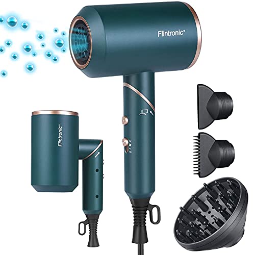 Flintronic Secador de Pelo Iónico, 2000W Secador de Pelo Profesional Secador con 2 Boquillas y 1 Difusor, Botón de Aire Frío, 2 Velocidades, 3 Temperaturas, Plegable para Hogar, Peluqueria, Hotel