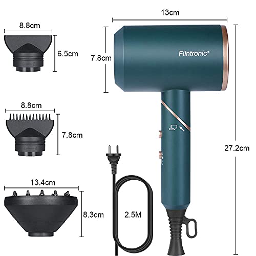 Flintronic Secador de Pelo Iónico, 2000W Secador de Pelo Profesional Secador con 2 Boquillas y 1 Difusor, Botón de Aire Frío, 2 Velocidades, 3 Temperaturas, Plegable para Hogar, Peluqueria, Hotel