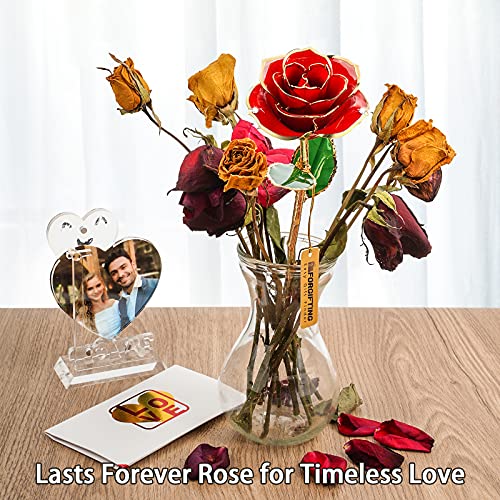 FORGIFTING Roja Rosa Eterna con 1 Marco de Fotos, 1 Tarjeta de Felicitación - Regalo Originales para Mujer Novia Padres en Aniversario Cumpleaños Navidad Reyes Magos San Valentin Jordi Día de la Madre