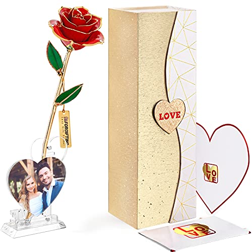 FORGIFTING Roja Rosa Eterna con 1 Marco de Fotos, 1 Tarjeta de Felicitación - Regalo Originales para Mujer Novia Padres en Aniversario Cumpleaños Navidad Reyes Magos San Valentin Jordi Día de la Madre