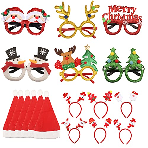 Gafas de Navidad con marco, diademas y gorro de Navidad, 18 piezas, gafas divertidas brillantes y accesorios de decoración de aro de pelo de reno lindo, juego de regalo para regalos de vacaciones