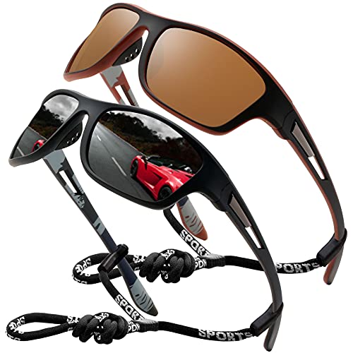 Gafas de sol deportivas hombres polarizadas conducción ciclismo pesca correr gafas UV400 gafas con correa de cuerda, Paquete de 2 (lente negra + lente marrón),