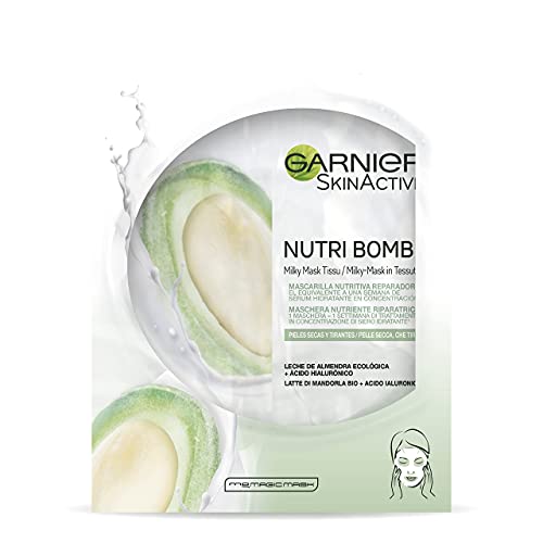 Garnier Skin Active Nutri Bomb Reparadora, Mascarilla Facial de Tejido con Leche de Almendra Ecológica y Ácido Hialurónico para Pieles Secas y Tirantes, Nutre y Repara la Piel, 5 Unidades