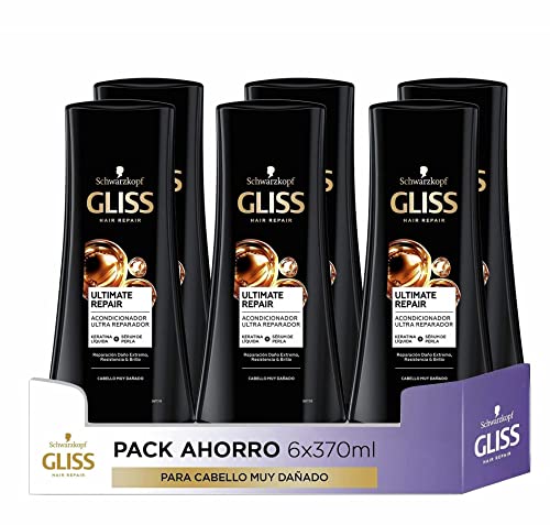 Gliss - Acondicionador para pelo muy dañado con Keratina Líquida - Ultimate Repair - 6uds de 370ml (2.220ml) – Gama ultra reparación